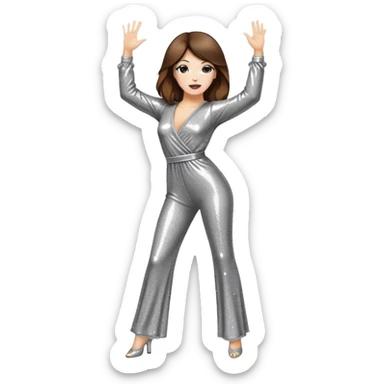woman with white skin and brown hair disco dancing doing the classic disco move, wearing a sparkly jumpsuit sticker