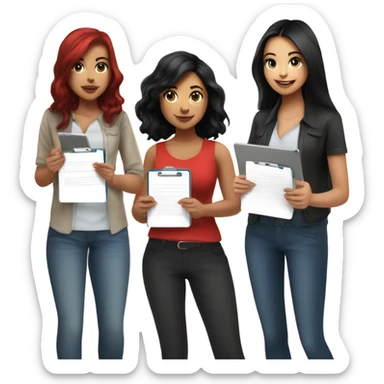 Latina with jet black hair, brunette girl, and a girl with bright red hair all conducting surveys on clipboards and ipads sticker