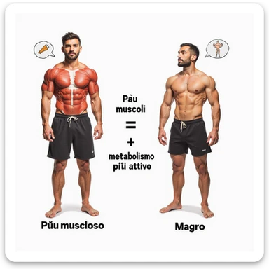 Schema didattico realistico: confronto tra corpo muscoloso e corpo magro, con frecce e icone che spiegano “Più muscoli = metabolismo più attivo”, testo in italiano. Stile iperrealistico. sticker