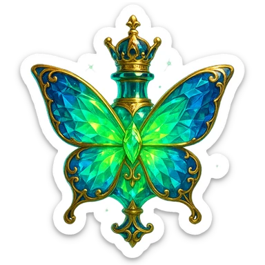 luxurious crystal butterfly-shaped bottle with short neck and crown, green (#c0ff53) and blue colors, more glowing, ornaments, decorations, magical effects, golden details, premium class, transparent background, beautiful connected bottom, bottle clearly floating in air, no base or shadow, very similar to original sticker
