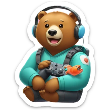 Bear wearing headset playing video game about catching salmon sticker