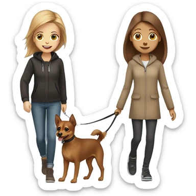 A light brown haired girl, walking a miniature Pinscher and a big light brown Spitz on the lead sticker