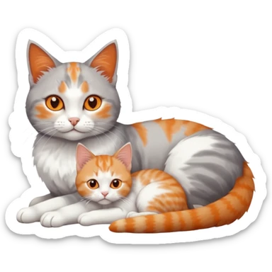 full body of a grey and white cat cuddling a very small + skinny ginger and white kitten with deep orange eyes and triangular shaped face lying down sticker
