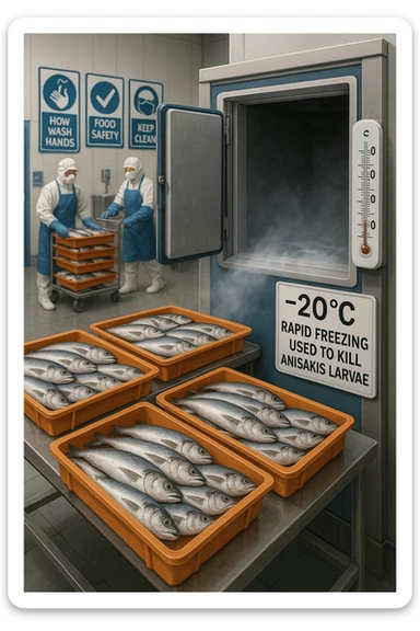 a fish processing facility where freshly caught fish are placed on trays and moved into a large industrial freezer. A temperature gauge shows -20°C, and an educational label explains that rapid freezing (abbattimento) is used to kill Anisakis larvae. The background includes workers in protective clothing and clear signage about food safety. in italiano sticker