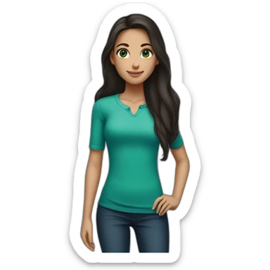 tall girl with dark long hair, green eyes, blue shirt sticker