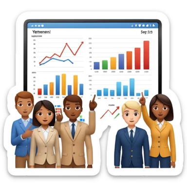 group of people pointing at a digital presentation screnn full of charts and graphs sticker