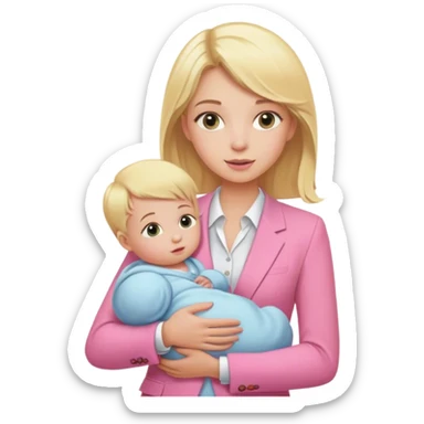 Blond girl pink suit with baby sticker