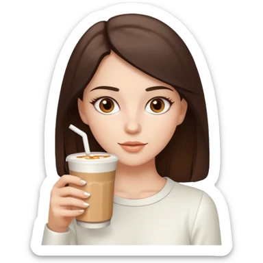 white brunette with brown eyes and a white outfit, drinking a caramel machiatto sticker