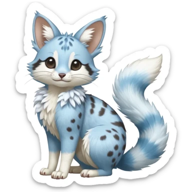 Hyper realistic  soft sky-milk blue fur patched with fluffy snow-white cloud blooms beautiful elegant pretty precious cute  Fakémon-Pokémon-opossum-feline-serval-caracal-chinchilla-Furret-Minccino-hybrid-creature with a big fluffy bushy tail (full body) sticker