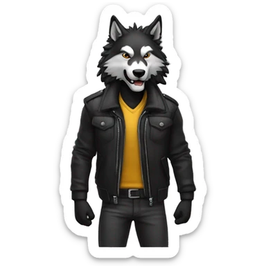 lobo con cuerpo de humano, usando chaqueta negra y haciendo gestos con las manos sticker