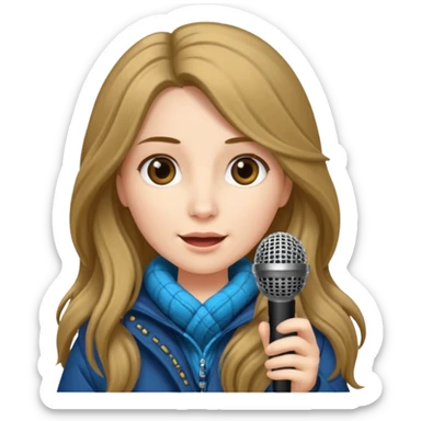 long haired woman with winter clothes holding microphone sticker