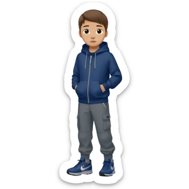 boy with brown hair light skin dark blue hoodie black cargo pants grey nike shoes sticker