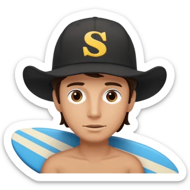 Male brunette movie producer black baseball hat with surfing cowboys written on hat  sticker