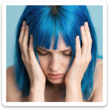 Woman with blue hair with her head in her hands sticker