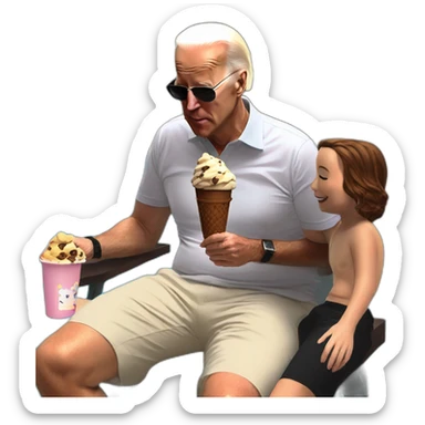 Joe Biden eating chocolate chocolate chip icecream with kids at his legs. Public pool sticker