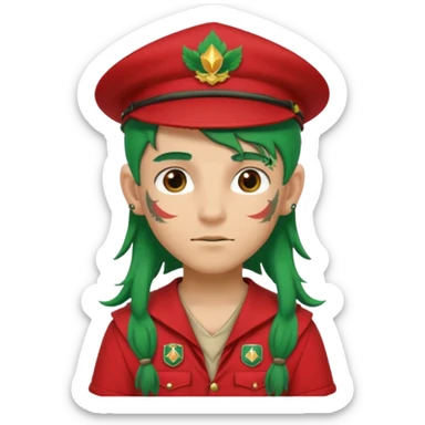 scout boy long hair face tatooes green haired, wearing red uniform with hat sticker