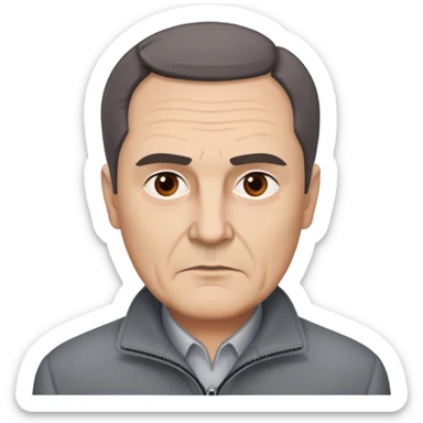 Actor in his 60s with light skin, round face, broad cheekbones. Expressive dark brown eyes, slightly arched thick eyebrows. Short brown hair combed to the side with visible receding hairline. Serious expression. Wearing a professional gray jacket. sticker