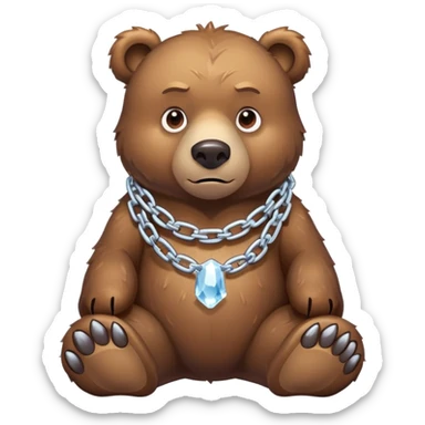 Serious realistic brown bear on all four legs wearing a thick chain made of ice around its neck, frozen chain links, stern expression sticker