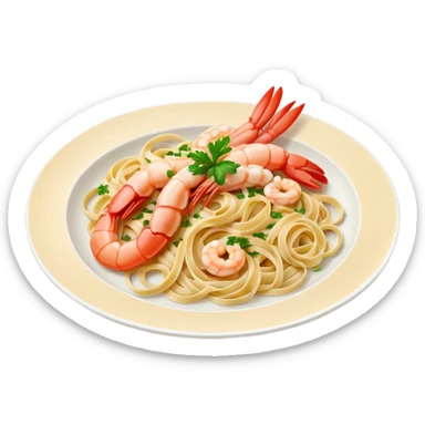 create a Whole Shrimp Linguini Camera angle: slightly elevated top-down view with a gentle bird’s-eye perspective (about 15–20°), identical perspective and scaled do not add anything on plate

 sticker