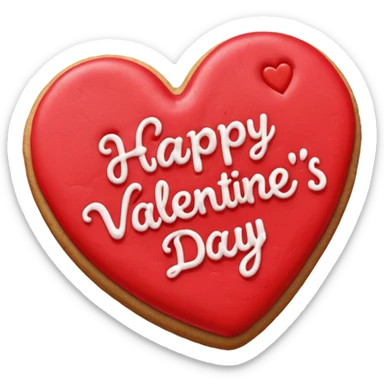 Heart-shaped cookie with red icing emoji, write 'Happy Valentine's day' on top of the red icing in white icing sticker