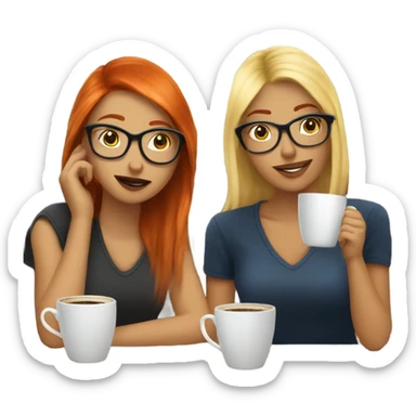 Two girl friends one blonde in glasses and one red headed sitting in the coffee house drinking coffee sticker