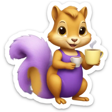 purple squirrel in a yellow dress with a mug of coffee in its paws sticker