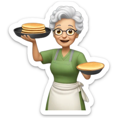 grandma tosses pancakes in a frying pan sticker