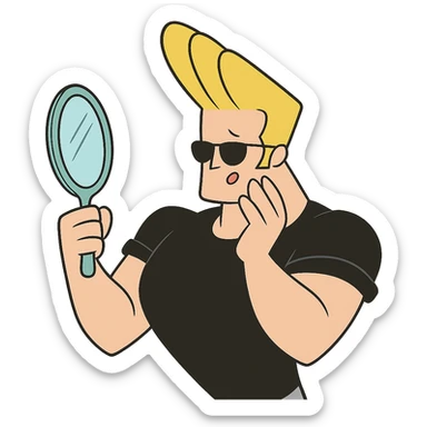 johnny bravo cartoon character, holding a mirror and admiring himself, cartoon style sticker