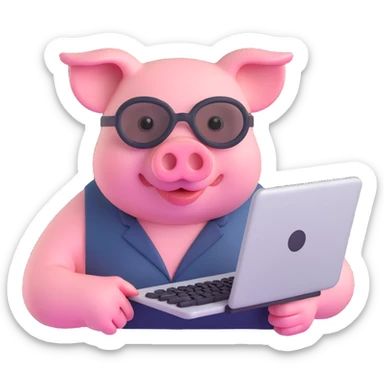 pig hacker emoji, pig with a mask, holding a keyboard, playful sticker