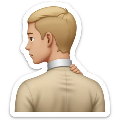 person with strain in the back of their neck. One hand holding the back of the neck sticker