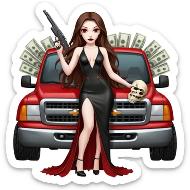 Lilith symbol red eye seductress evil long brown haired sexy succubus woman with leather long dress with slit on, sitting in Big Large F350 pickup truck. Platform long high heels on feet. Back seat full of stacks of cash, she is  Holding a human skull of her enemies and a gun in other hand sticker