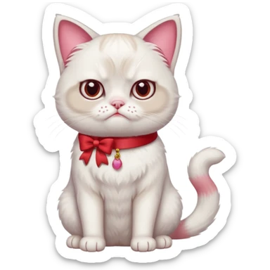 A White grumpy cat with light pink ears and paws and with a bow around its neck. The cat shall be standing on two legs sticker