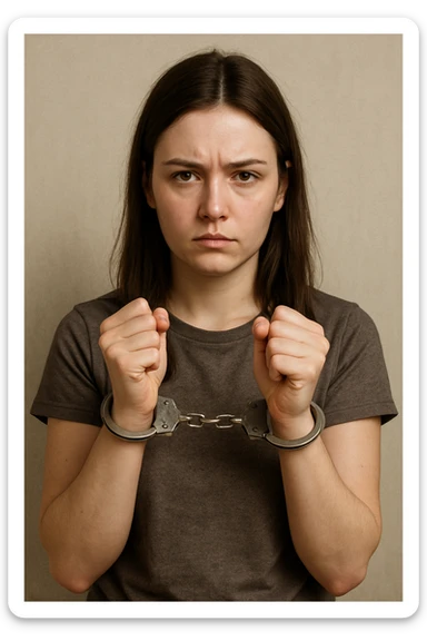 realistic illustration of a girl who is handcuffed, looking serious, neutral background sticker