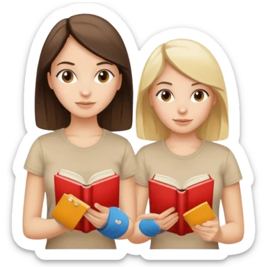 Two beautiful girls read book. Brunette and blonde in beige T-shirts  sticker