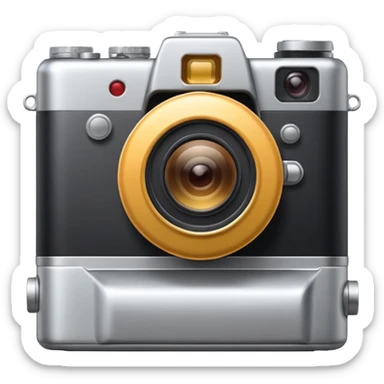 Minimal emoji icon of a modern metalic camera, front view, simple shapes, realistic lens,  sticker