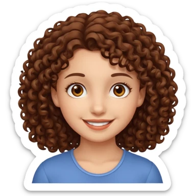 chica con piel blanca sonriendo, ojos marrones y pelo marrón con rulos sticker