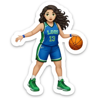Full Body light skin Latino plus size women basketball player with long wavy dark hair  wearing blue and green uniform sticker