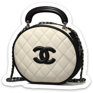 Round black Chanel bag with top handle chanel logo top middle sticker