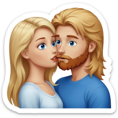 Hot, long hair blonde girl with bright blue eyes, looking at and kissing reddish-browish blue eyed white guy with reddish-brownish-scruffy beard sticker