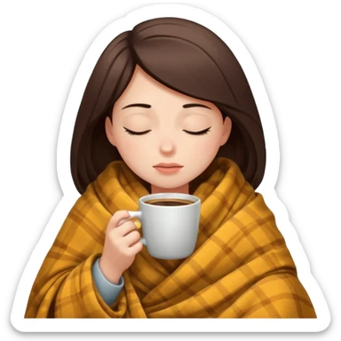girl inside a blanket sipping coffee eyes closed, visibly distressed sticker