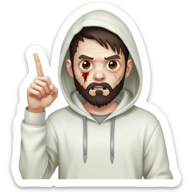 zombie pointing finger, undercut hairstyle with dark brown hair, short full beard, wearing plain white hoodie sticker