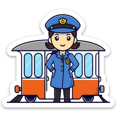 female train conductor with a train in the background sticker