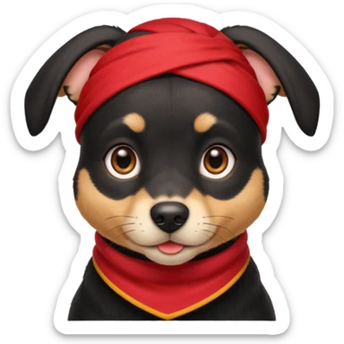 Shadow is a mixed-breed dog, a cross between a Belgian Malinois and a Border Collie. He has a sleek black coat, big upright ears, and bright, intelligent eyes. He wears a red bandana around his neck, which gives him a strong and distinctive look. sticker