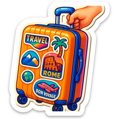 ribbed suitcase with wheels and handle, decorated with various colorful travel stickers, shown semi-sideways or in a hand, retro sticker style with color, clear thick contours, sharp shadows and highlights, no gradient blending sticker