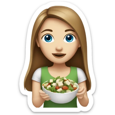 White girl Brown hair blue eyes eating Tofu salad sticker