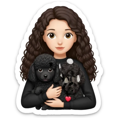 One Brunette girl with long hair in a black sweater holds a single black Poodle puppy in her arms sticker