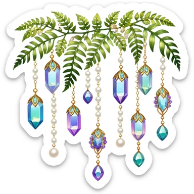 Exotic romantic Few cute tiny Iridescent glistening glossy sparkly shiny glittery hanging crystals pearls and beads and gemstones scenery scenic decorations with vines and ferns and flowers sticker