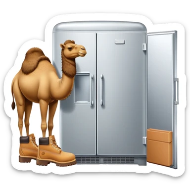 A silver refrigerator with doors as the body, a brown camel head with a hump on top, and tan Timberland boots on the bottom sticker