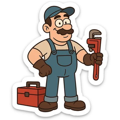a plumber, with gloves, standing next to a toolbox, confident pose, clean background sticker