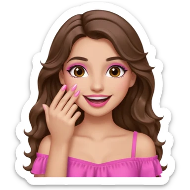 girl with long wavy brown hair, brown eyes, long lashes makeup, pink lips, light to medium complexion, pink sexy top, smiling, hand covering the mouth, giggling sticker